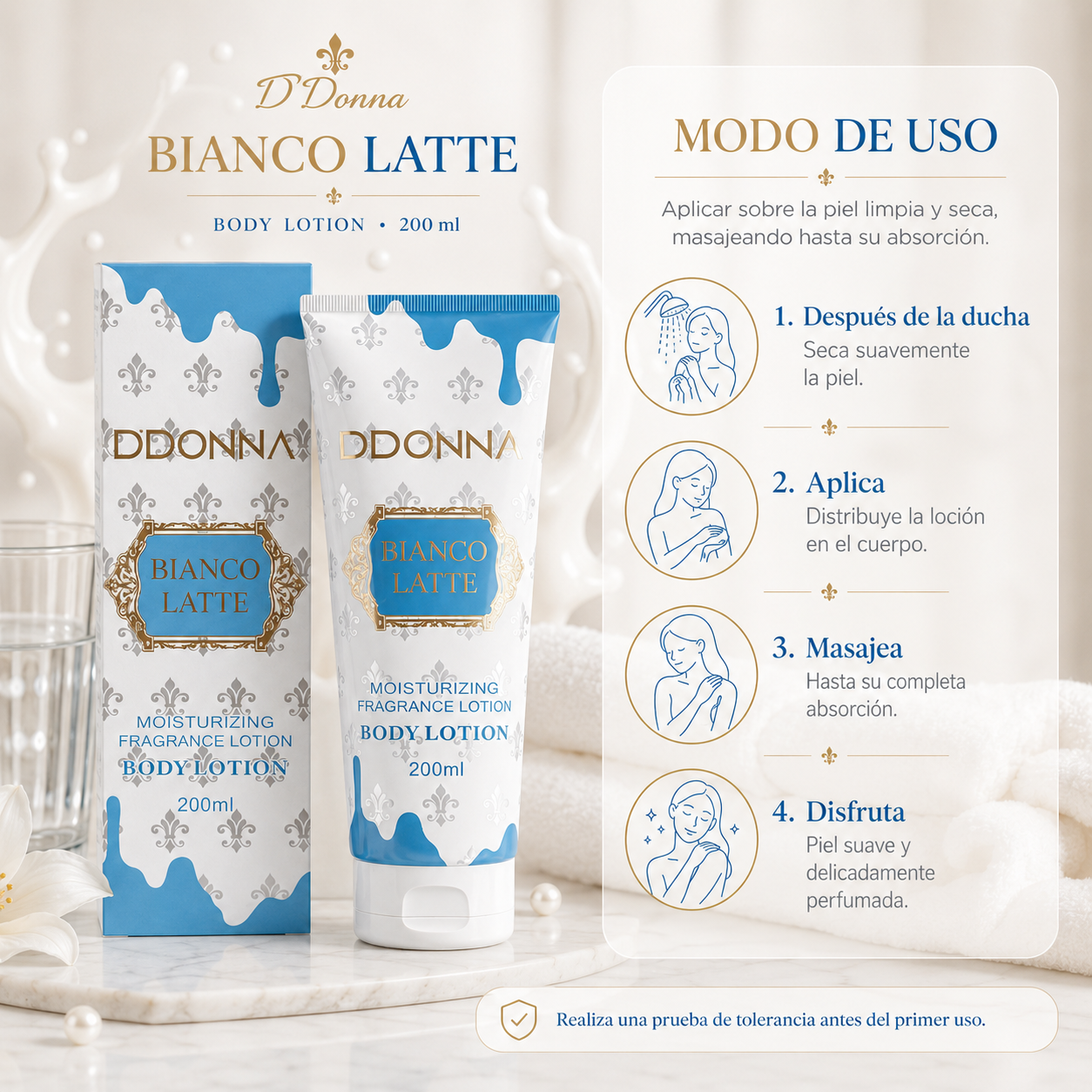 Loción Corporal D’DONNA Bianco Latte 200 ml | Hidratante, Rápida Absorción y Fragancia Gourmand Lactada
