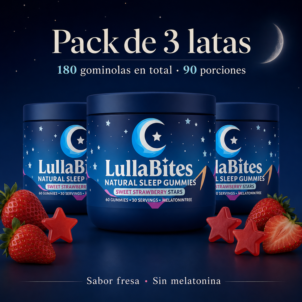 LullaBites Gummies para el Bienestar Nocturno sin Melatonina con 5-HTP, L-Teanina, Magnesio Glicinato, Valeriana y Pasiflora – Sabor Fresa, 60 Gummies