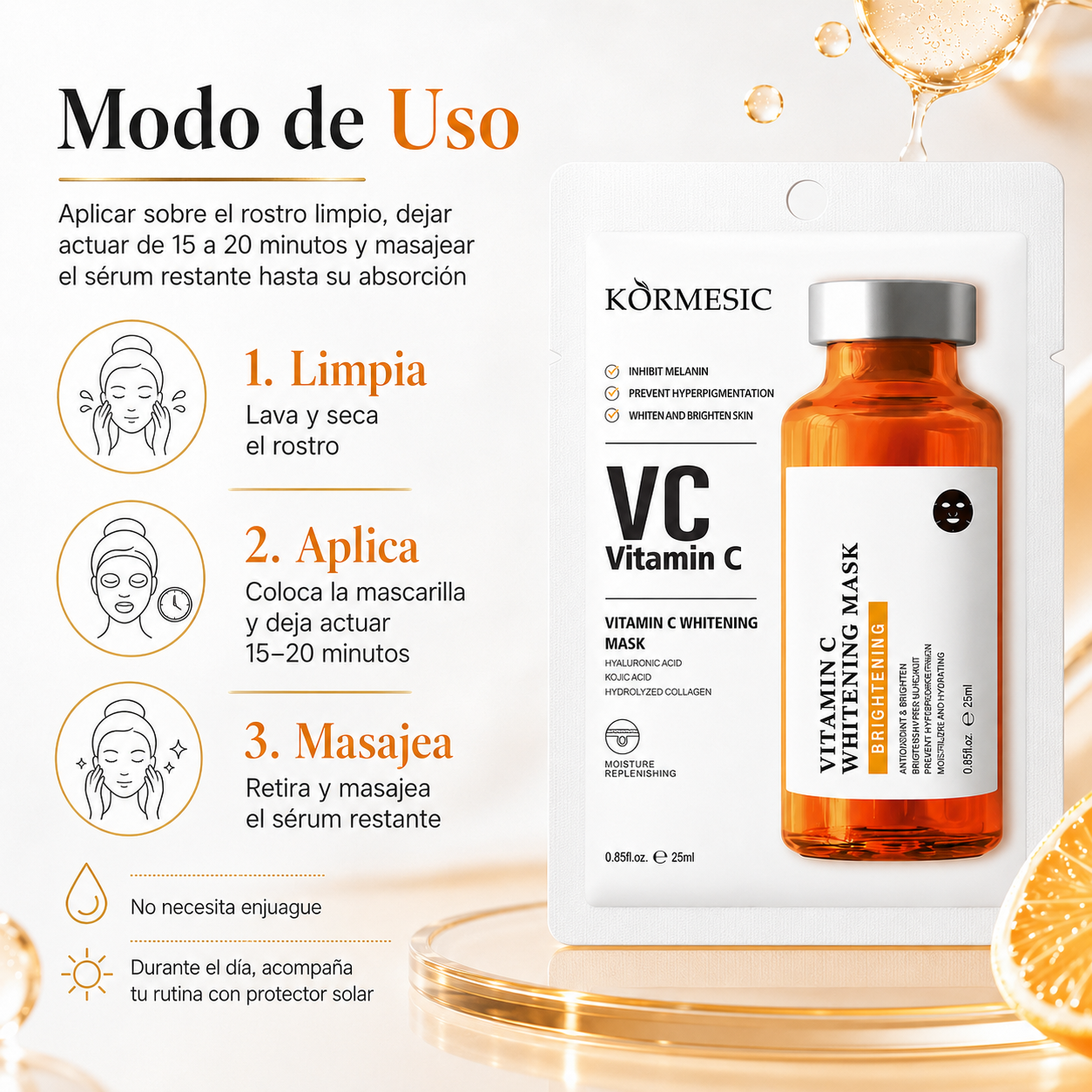 Mascarilla Facial KORMESIC Vitamina C y Ácido Kójico 25 ml | Iluminadora, Hidratante y Tono Uniforme