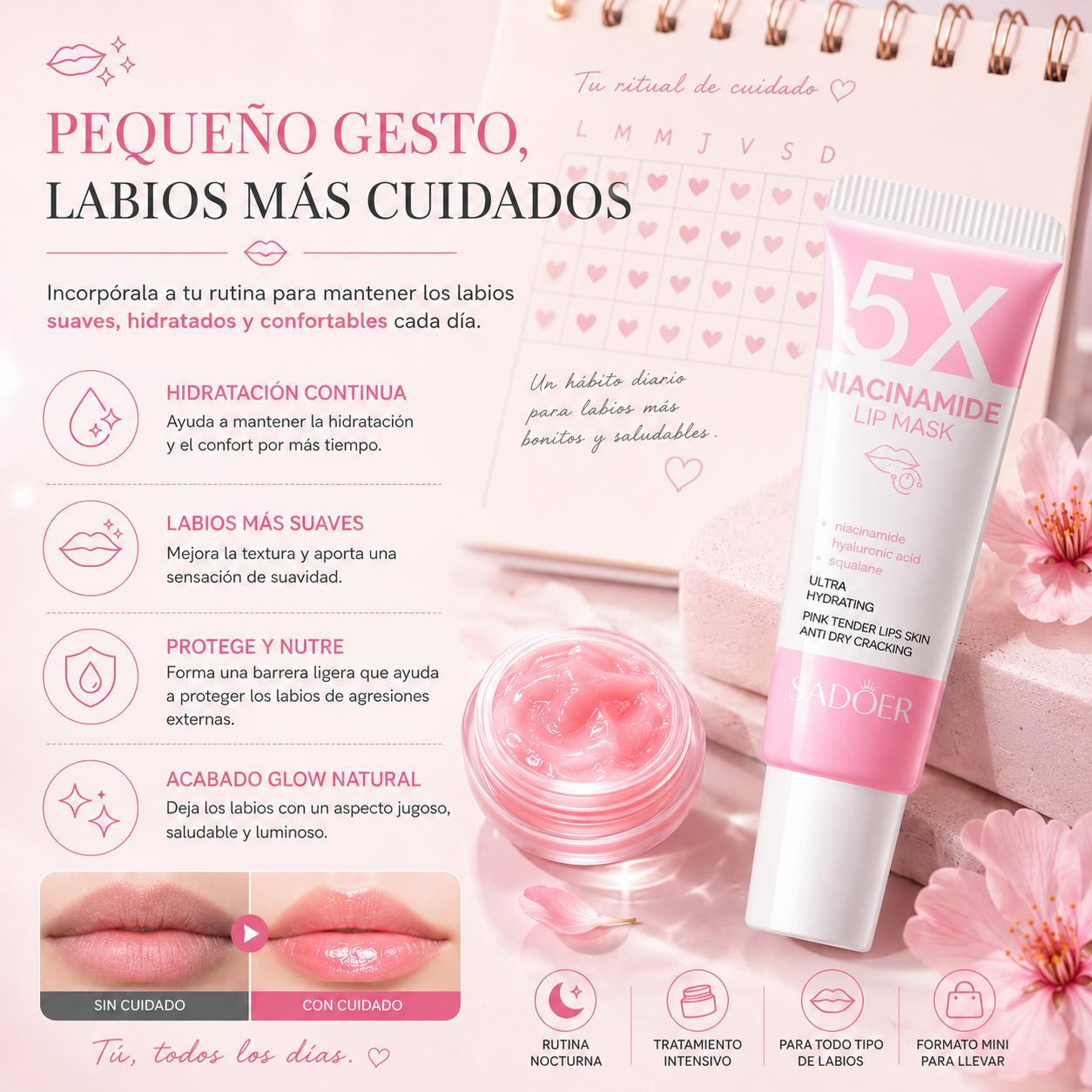 Mascarilla Labial Hidratante con Niacinamida, Ácido Hialurónico y Escualano | Labios Suaves y Glow Natural
