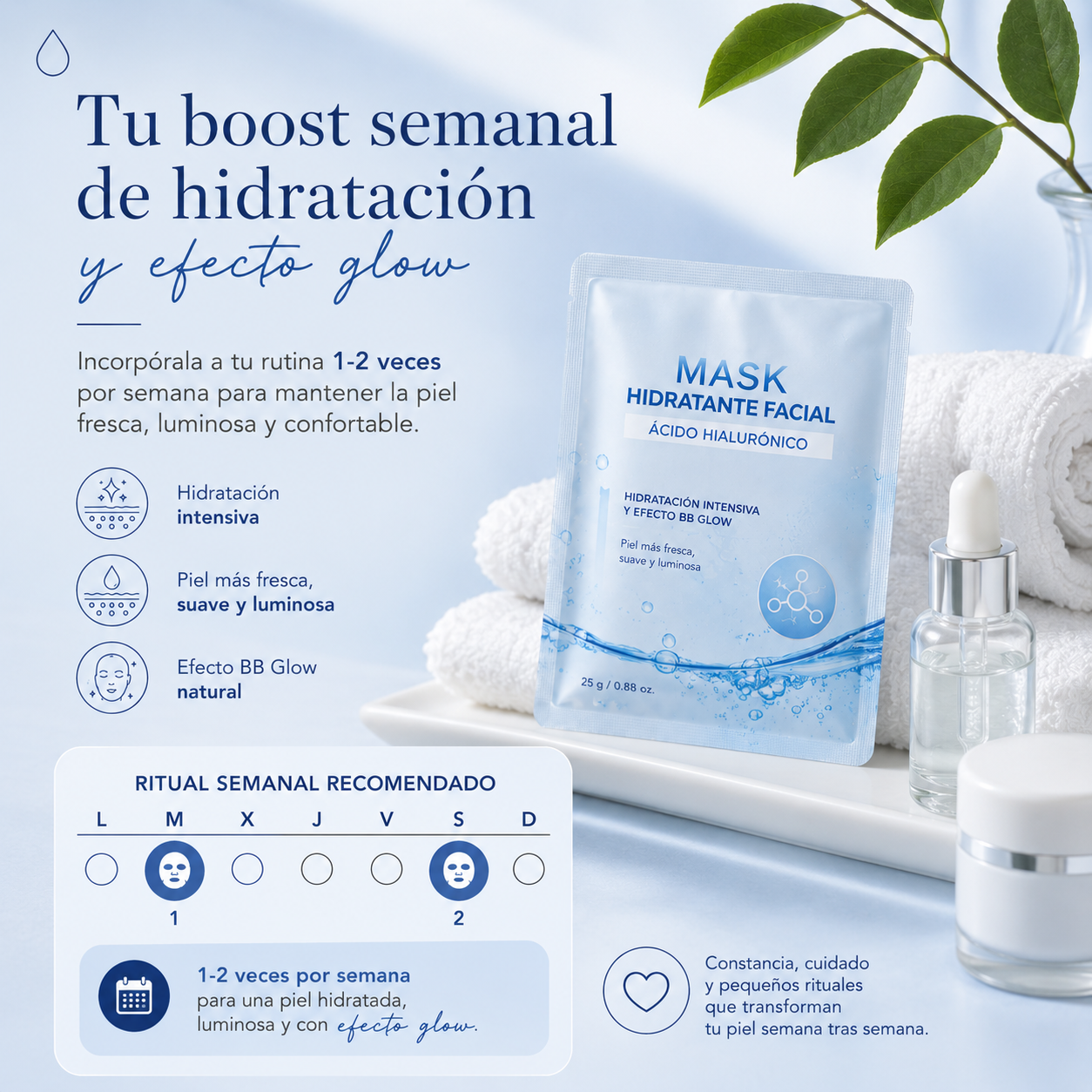 Mascarilla Facial Hidratante con Ácido Hialurónico | Hidratación Intensiva y Efecto BB Glow