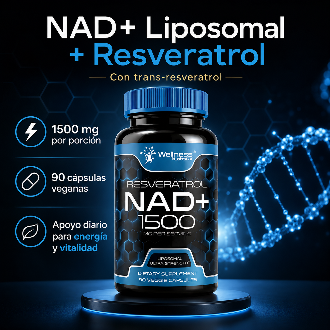 Liposomal NAD+ con Resveratrol 1500 mg – Suplemento para Energía Celular, Vitalidad y Envejecimiento Saludable | 90 Cápsulas