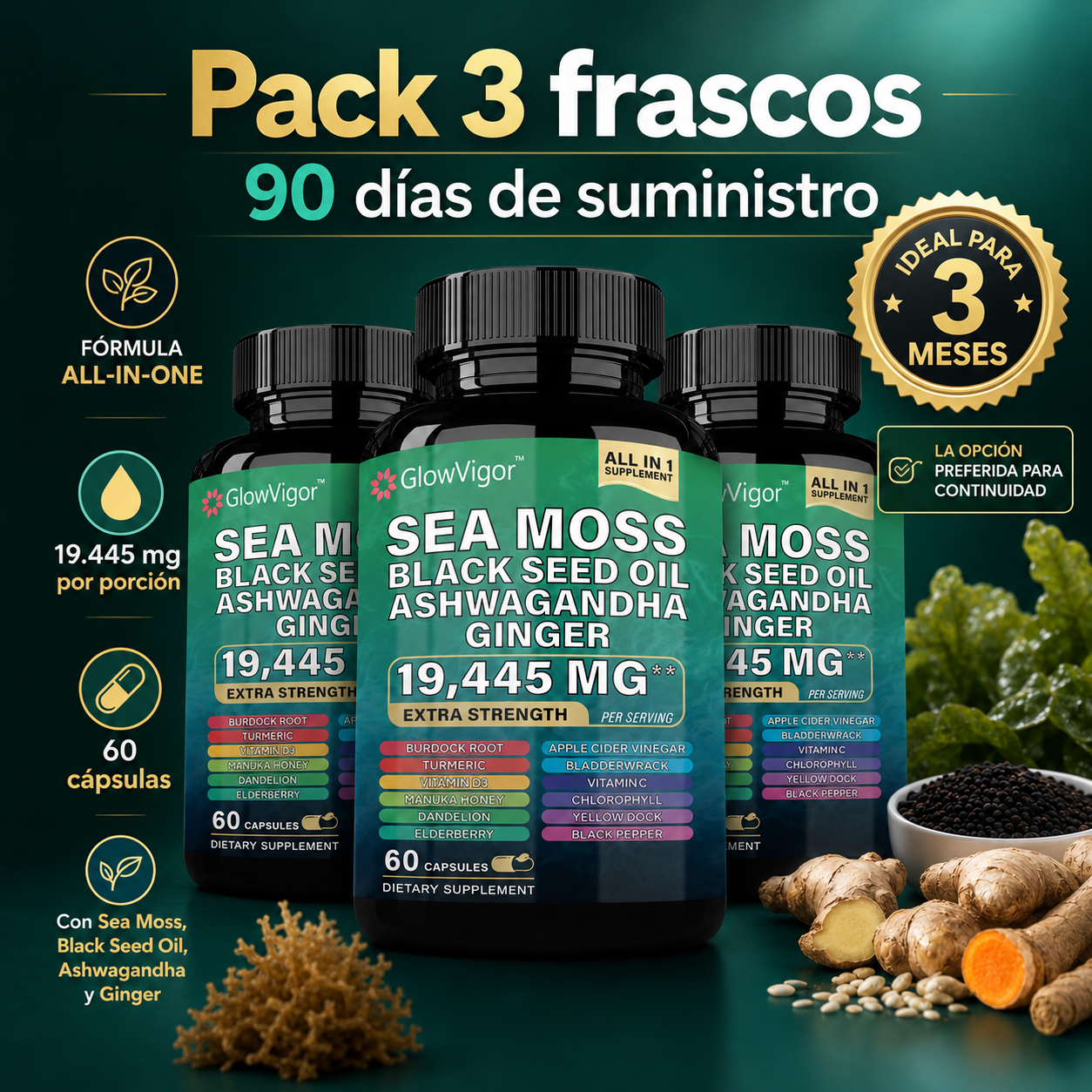 GlowVigor Sea Moss Black Seed Oil Ashwagandha Ginger, Suplemento All in 1 con Cúrcuma, Bladderwrack, Bardana, Vitamina C, D3, Saúco, Manuka y Clorofila, 60 Cápsulas