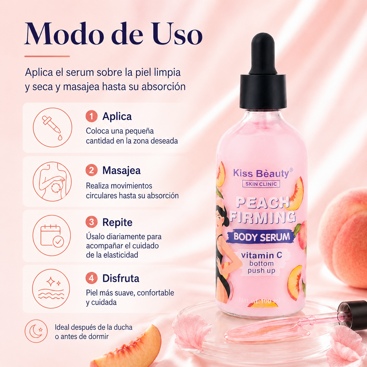 Serum Corporal Reafirmante Kiss Beauty Peach Firming 100 ml | Vitamina C y Durazno para Estrías, Elasticidad y Piel Más Firme