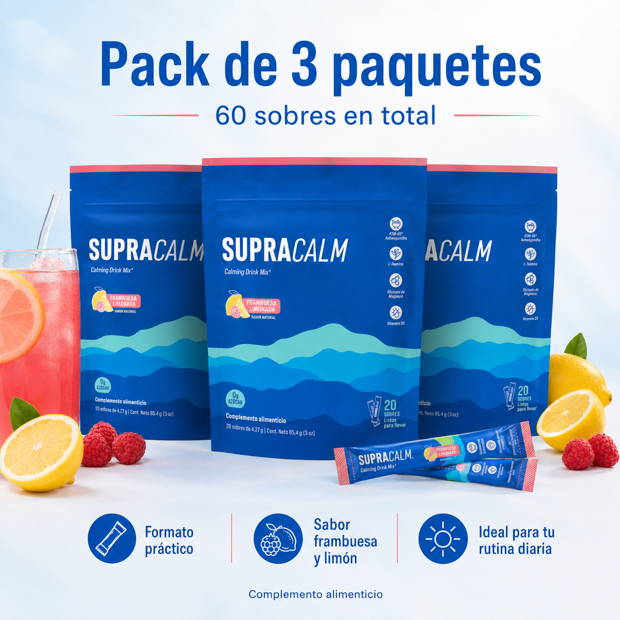 Supracalm Mezcla Relajante en Polvo con KSM-66® Ashwagandha, L-Teanina, Magnesio Glicinato y Vitamina D3 – Sabor Frambuesa y Limón