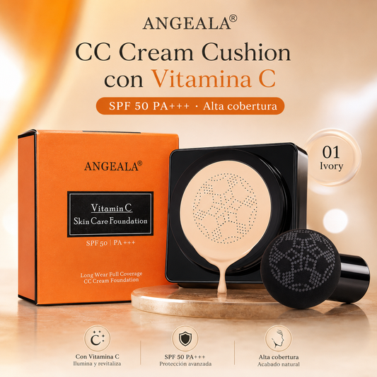 ANGEALA CC Cream Cushion con Vitamina C SPF 50 PA+++ | Base Correctora de Alta Cobertura