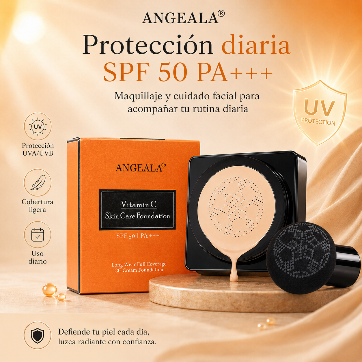 ANGEALA CC Cream Cushion con Vitamina C SPF 50 PA+++ | Base Correctora de Alta Cobertura
