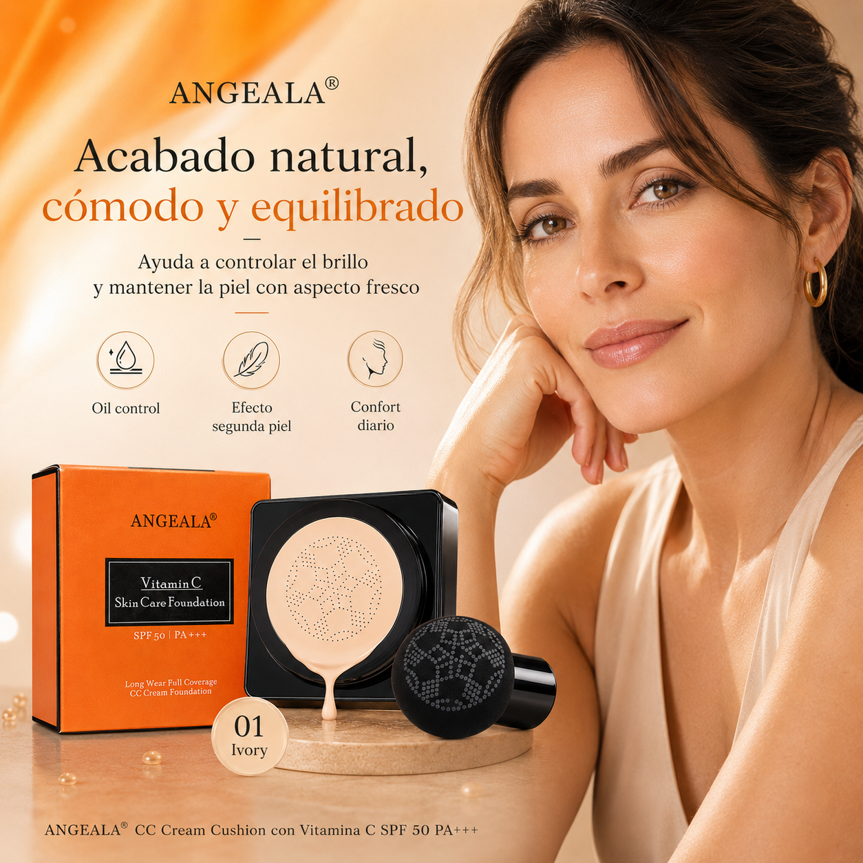 ANGEALA CC Cream Cushion con Vitamina C SPF 50 PA+++ | Base Correctora de Alta Cobertura