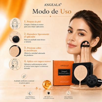 ANGEALA CC Cream Cushion con Vitamina C SPF 50 PA+++ | Base Correctora de Alta Cobertura