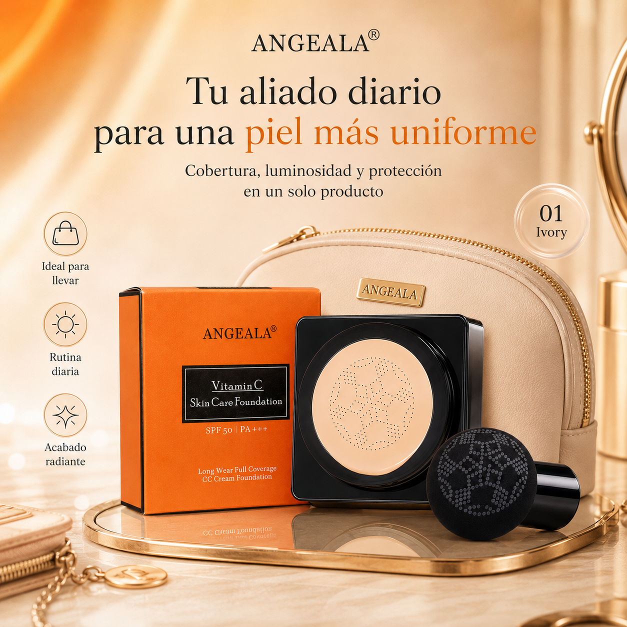 ANGEALA CC Cream Cushion con Vitamina C SPF 50 PA+++ | Base Correctora de Alta Cobertura