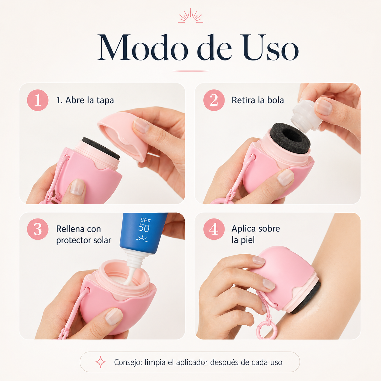 Aplicador de Protector Solar Recargable 55 ml para Niños y Adultos | Esponja Portátil en Colores