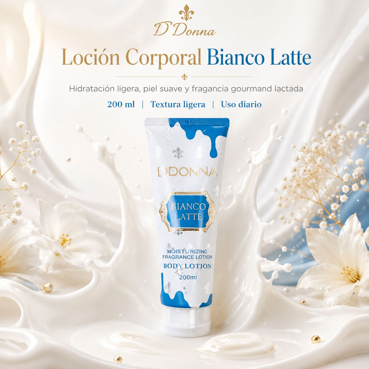 Loción Corporal D’DONNA Bianco Latte 200 ml | Hidratante, Rápida Absorción y Fragancia Gourmand Lactada