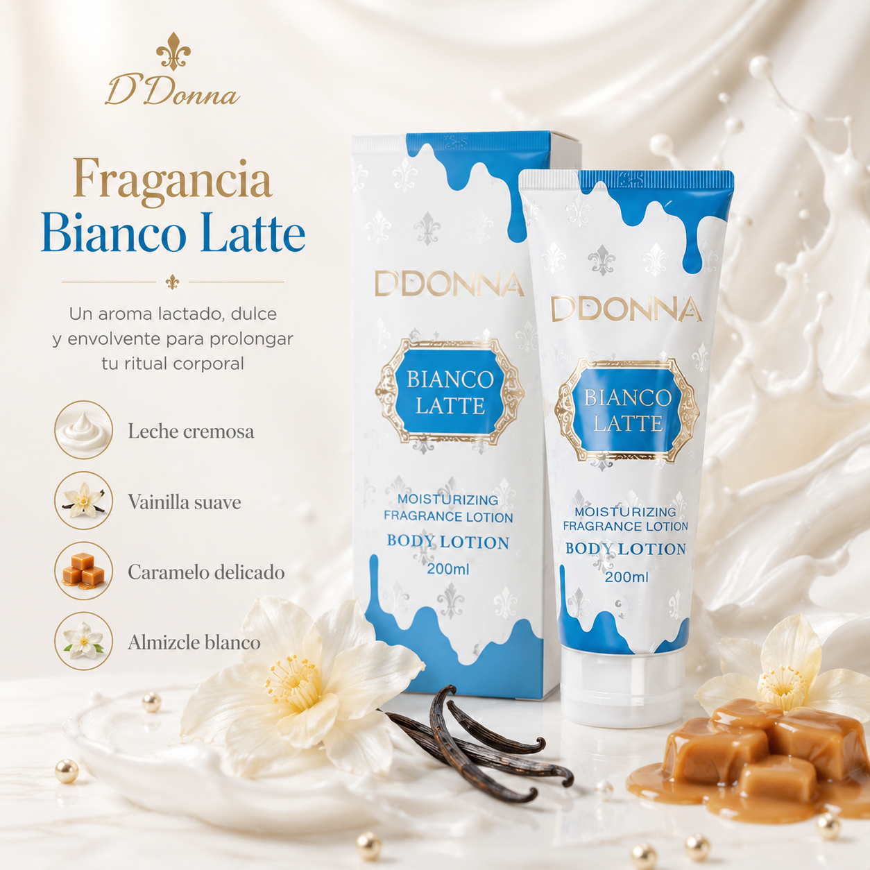 Loción Corporal D’DONNA Bianco Latte 200 ml | Hidratante, Rápida Absorción y Fragancia Gourmand Lactada