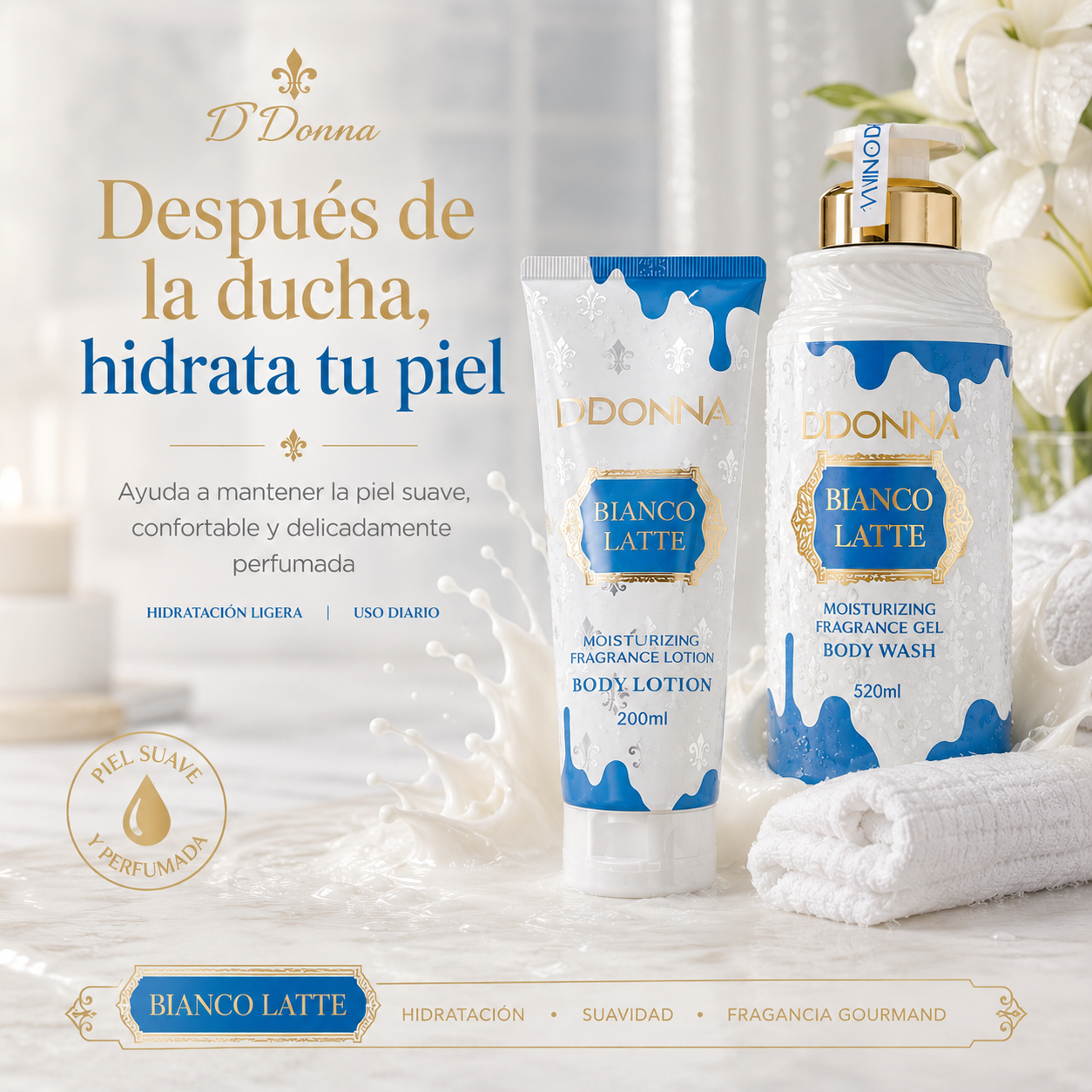 Loción Corporal D’DONNA Bianco Latte 200 ml | Hidratante, Rápida Absorción y Fragancia Gourmand Lactada