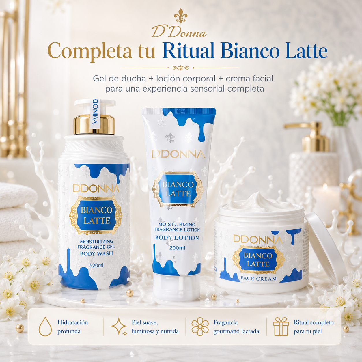 Loción Corporal D’DONNA Bianco Latte 200 ml | Hidratante, Rápida Absorción y Fragancia Gourmand Lactada