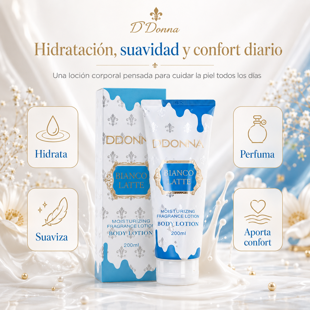Loción Corporal D’DONNA Bianco Latte 200 ml | Hidratante, Rápida Absorción y Fragancia Gourmand Lactada