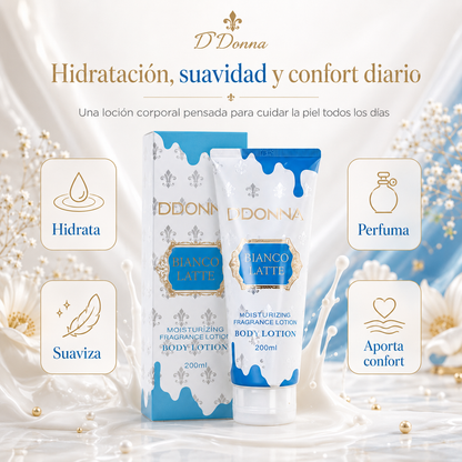 Loción Corporal D’DONNA Bianco Latte 200 ml | Hidratante, Rápida Absorción y Fragancia Gourmand Lactada
