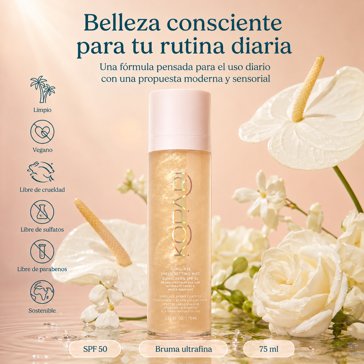 KOPARI Sunglaze Bruma Fijadora Solar SPF 50 con Ácido Hialurónico y Vitamina C – 75 ml