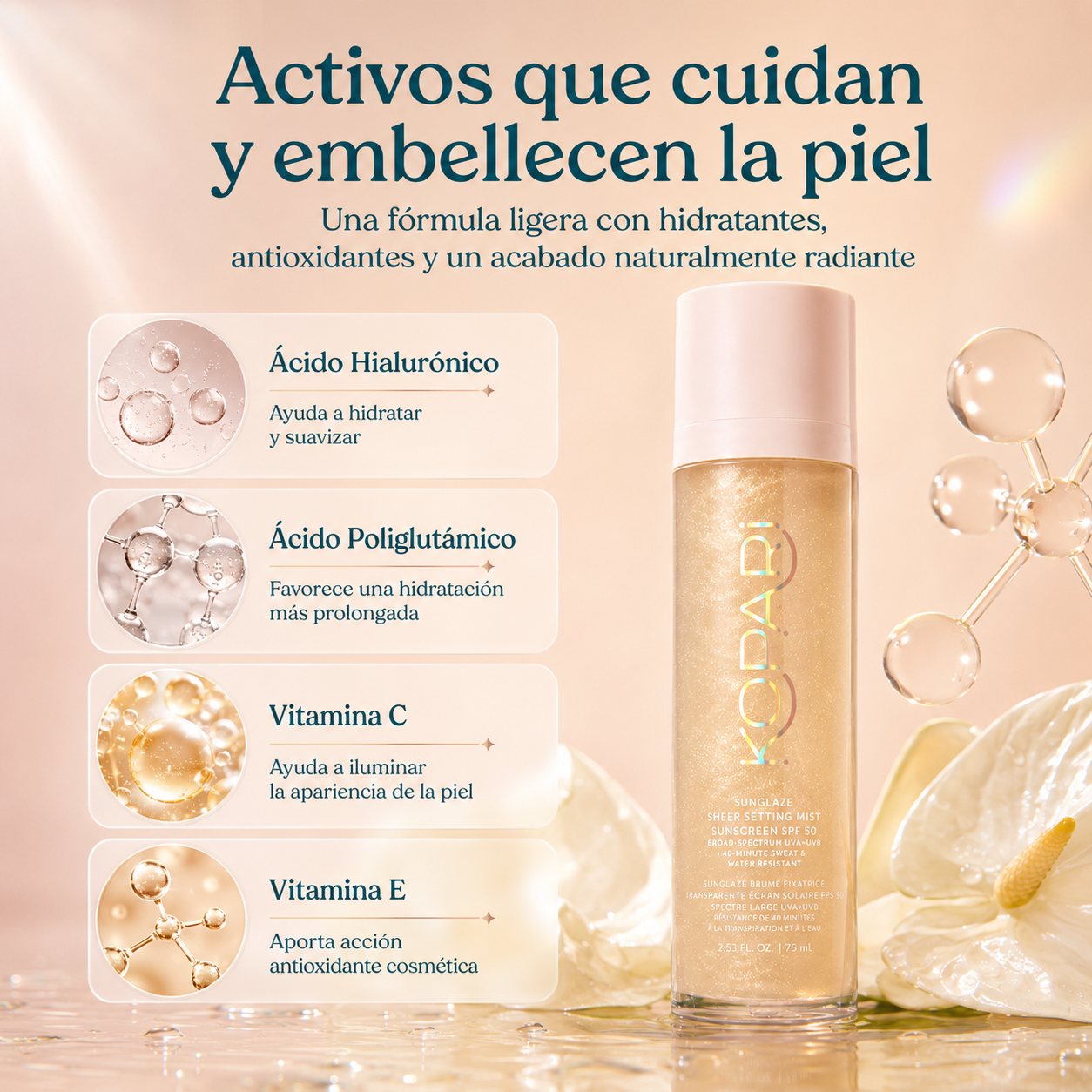 KOPARI Sunglaze Bruma Fijadora Solar SPF 50 con Ácido Hialurónico y Vitamina C – 75 ml