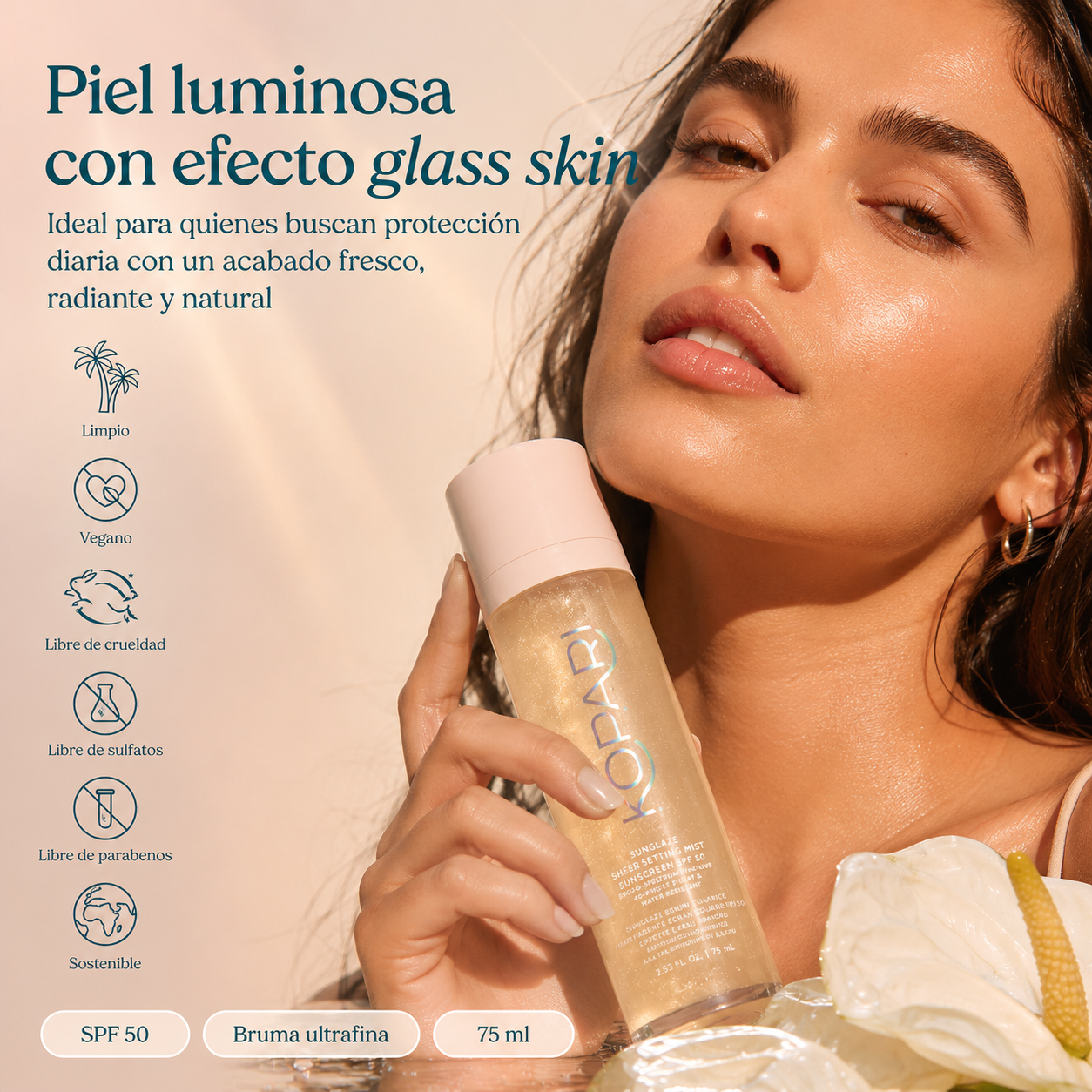KOPARI Sunglaze Bruma Fijadora Solar SPF 50 con Ácido Hialurónico y Vitamina C – 75 ml