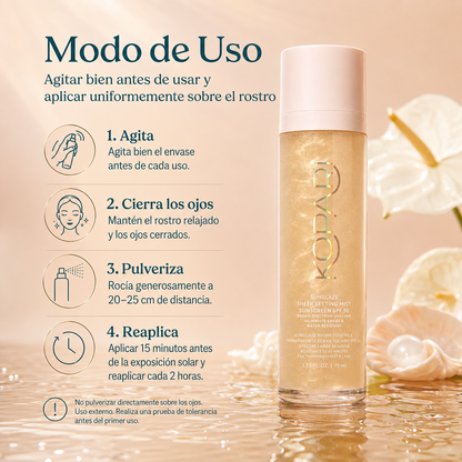 KOPARI Sunglaze Bruma Fijadora Solar SPF 50 con Ácido Hialurónico y Vitamina C – 75 ml