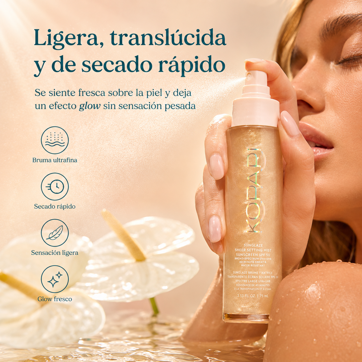 KOPARI Sunglaze Bruma Fijadora Solar SPF 50 con Ácido Hialurónico y Vitamina C – 75 ml