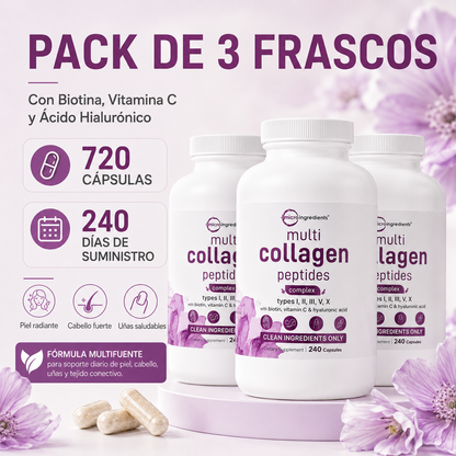 Micro Ingredients Multi Collagen Peptides 240 Cápsulas | Colágeno Tipos I, II, III, V y X con Biotina, Vitamina C y Ácido Hialurónico