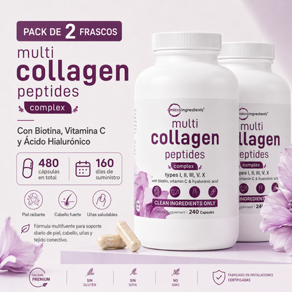 Micro Ingredients Multi Collagen Peptides 240 Cápsulas | Colágeno Tipos I, II, III, V y X con Biotina, Vitamina C y Ácido Hialurónico