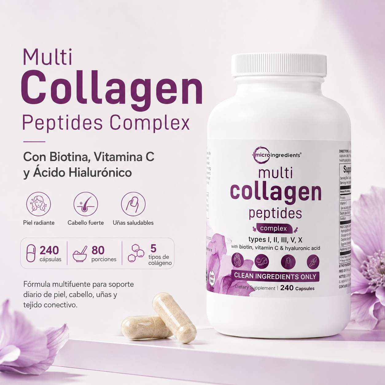 Micro Ingredients Multi Collagen Peptides 240 Cápsulas | Colágeno Tipos I, II, III, V y X con Biotina, Vitamina C y Ácido Hialurónico