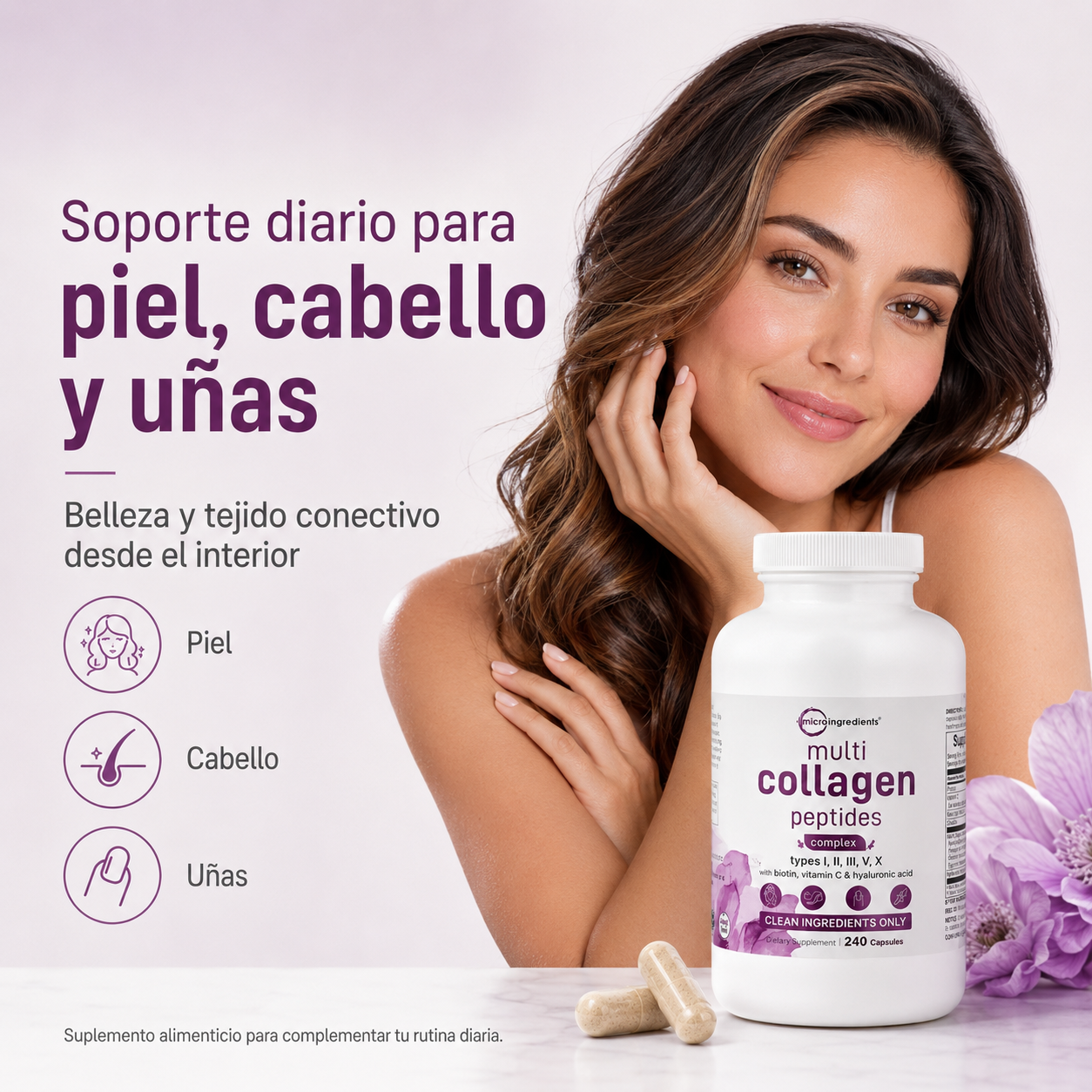 Micro Ingredients Multi Collagen Peptides 240 Cápsulas | Colágeno Tipos I, II, III, V y X con Biotina, Vitamina C y Ácido Hialurónico