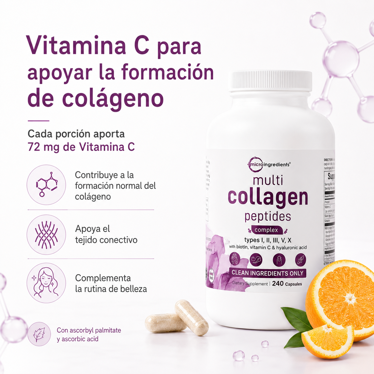Micro Ingredients Multi Collagen Peptides 240 Cápsulas | Colágeno Tipos I, II, III, V y X con Biotina, Vitamina C y Ácido Hialurónico