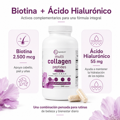 Micro Ingredients Multi Collagen Peptides 240 Cápsulas | Colágeno Tipos I, II, III, V y X con Biotina, Vitamina C y Ácido Hialurónico