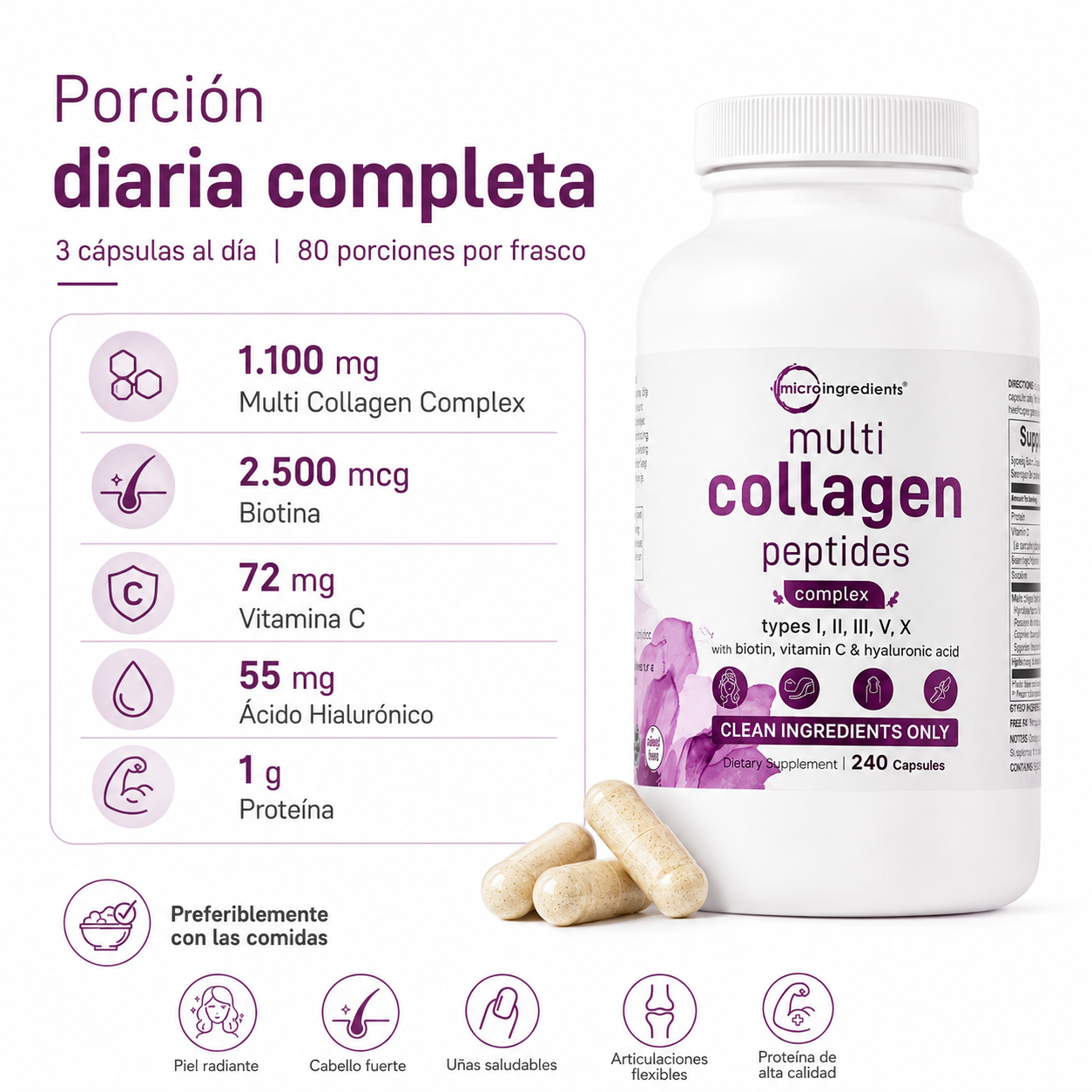 Micro Ingredients Multi Collagen Peptides 240 Cápsulas | Colágeno Tipos I, II, III, V y X con Biotina, Vitamina C y Ácido Hialurónico