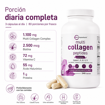 Micro Ingredients Multi Collagen Peptides 240 Cápsulas | Colágeno Tipos I, II, III, V y X con Biotina, Vitamina C y Ácido Hialurónico