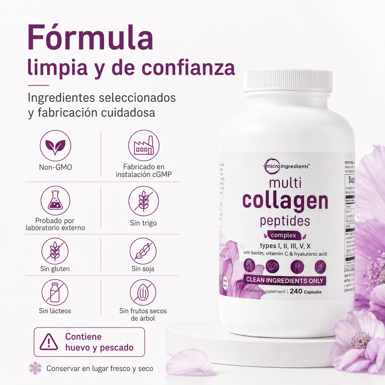 Micro Ingredients Multi Collagen Peptides 240 Cápsulas | Colágeno Tipos I, II, III, V y X con Biotina, Vitamina C y Ácido Hialurónico