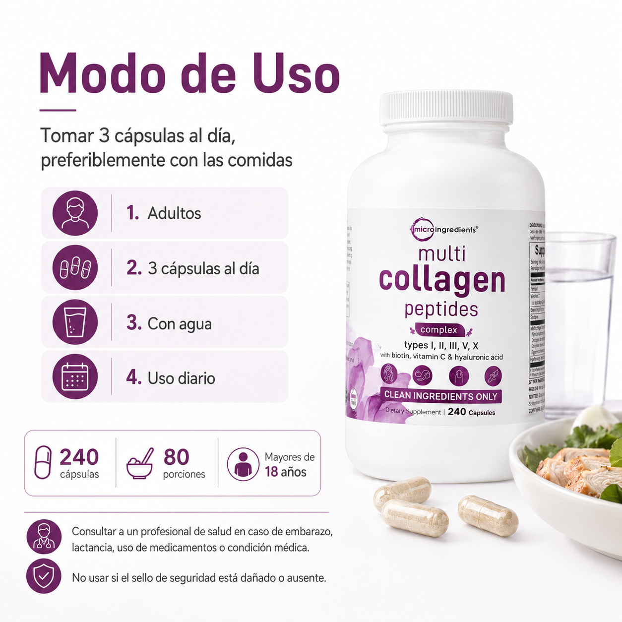 Micro Ingredients Multi Collagen Peptides 240 Cápsulas | Colágeno Tipos I, II, III, V y X con Biotina, Vitamina C y Ácido Hialurónico