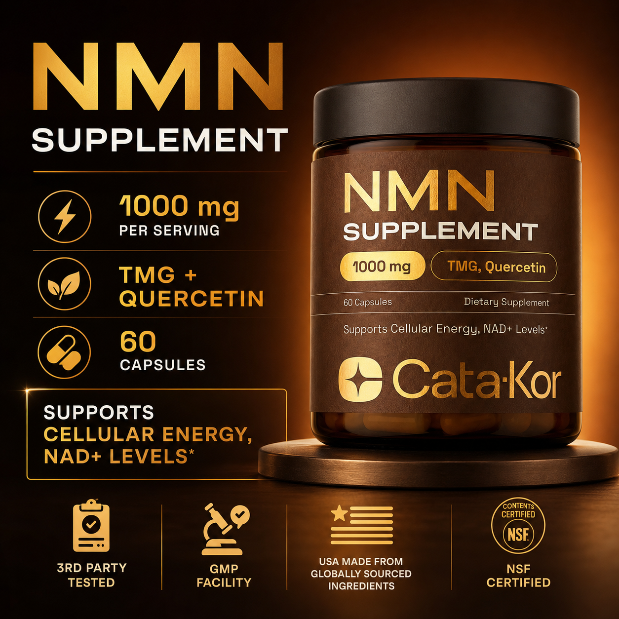 Cata-Kor NMN Supplement con Quercetina, TMG y Resveratrol – Apoyo a la Energía Celular y Niveles de NAD+
