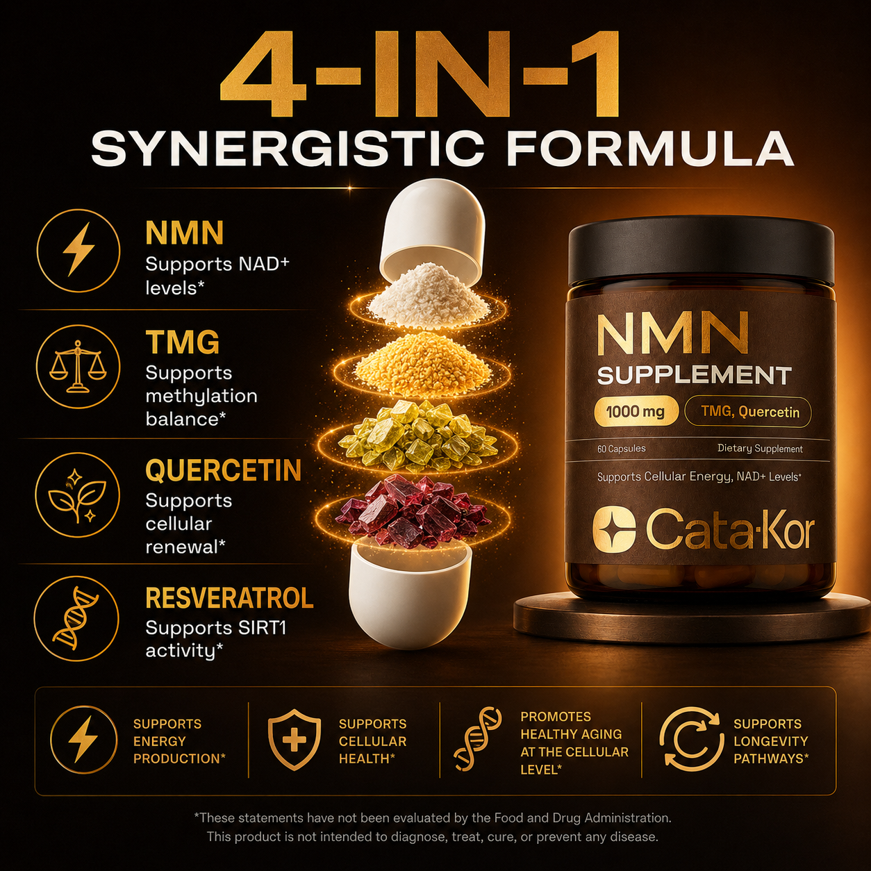 Cata-Kor NMN Supplement con Quercetina, TMG y Resveratrol – Apoyo a la Energía Celular y Niveles de NAD+