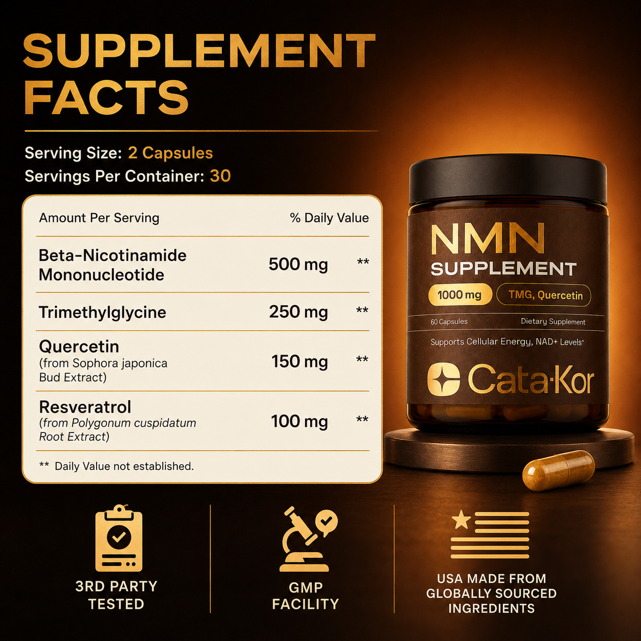 Cata-Kor NMN Supplement con Quercetina, TMG y Resveratrol – Apoyo a la Energía Celular y Niveles de NAD+