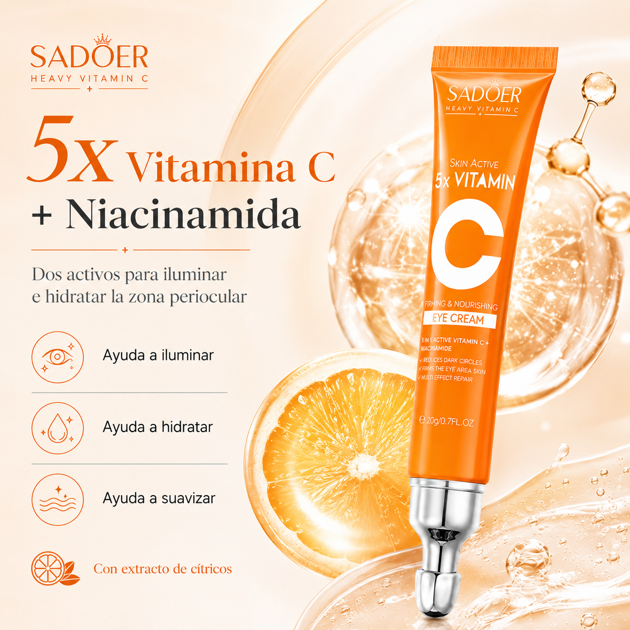 Contorno de Ojos SADOER con Vitamina C + Niacinamida 20 ml | Atenúa Ojeras, Hidrata y Suaviza la Mirada