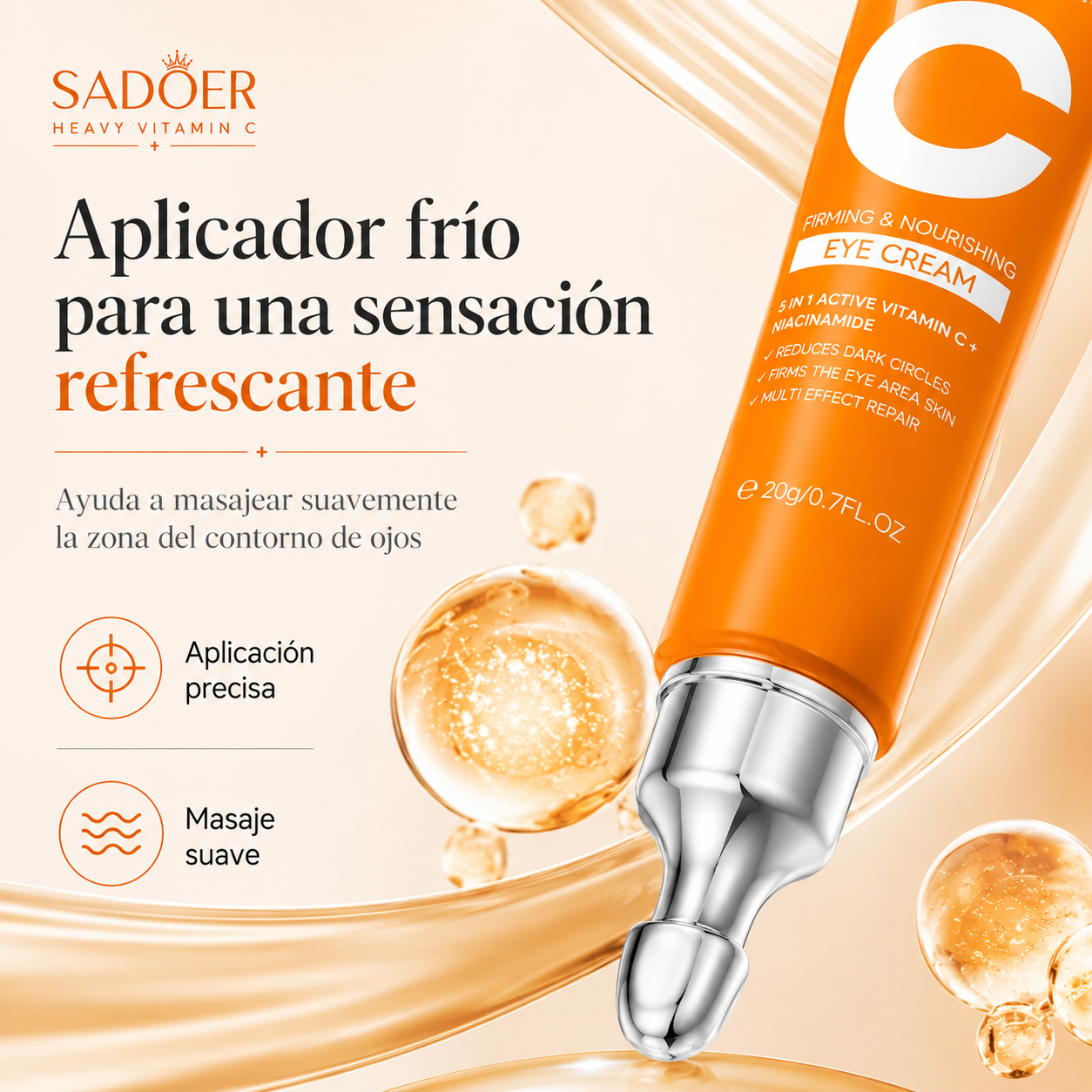 Contorno de Ojos SADOER con Vitamina C + Niacinamida 20 ml | Atenúa Ojeras, Hidrata y Suaviza la Mirada