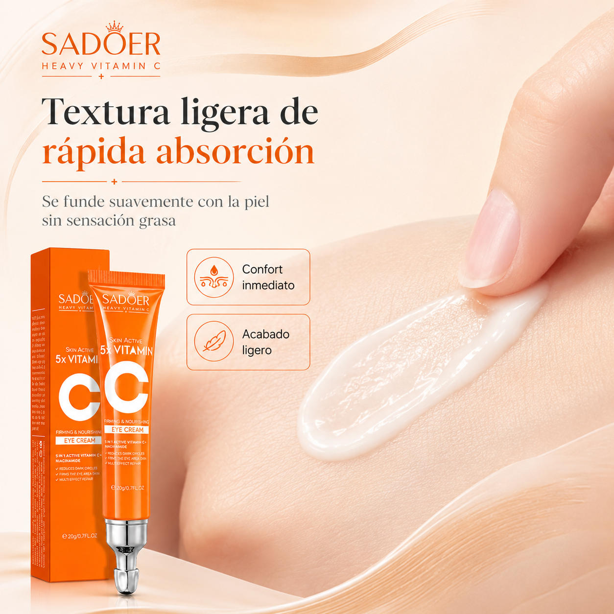 Contorno de Ojos SADOER con Vitamina C + Niacinamida 20 ml | Atenúa Ojeras, Hidrata y Suaviza la Mirada
