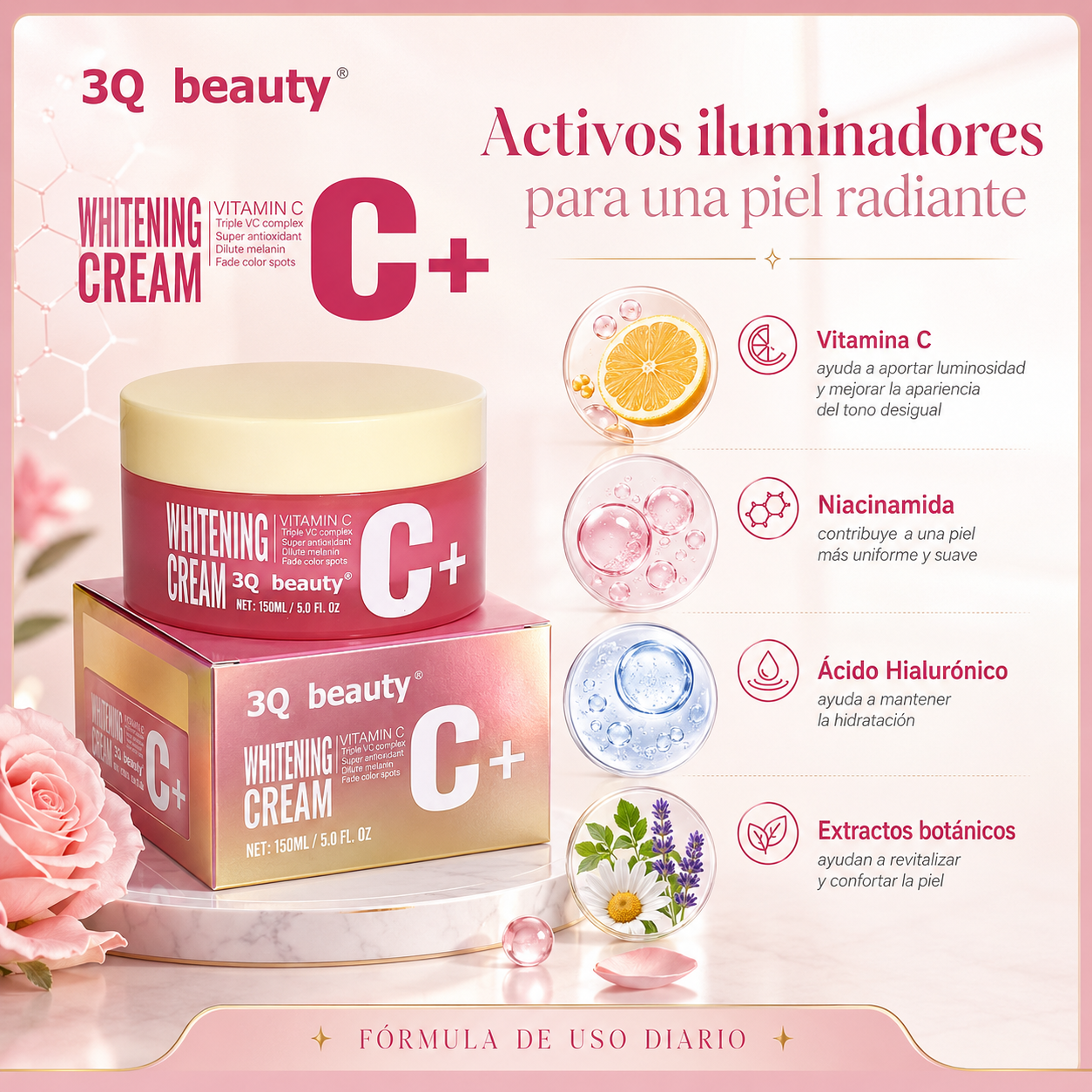 Crema Facial Antioxidante Iluminadora 3Q Beauty con Vitamina C 150 ml | Tono Uniforme, Hidratación y Glow Saludable