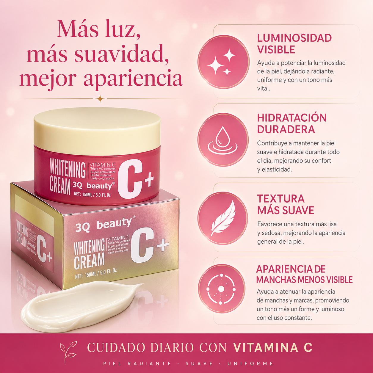 Crema Facial Antioxidante Iluminadora 3Q Beauty con Vitamina C 150 ml | Tono Uniforme, Hidratación y Glow Saludable