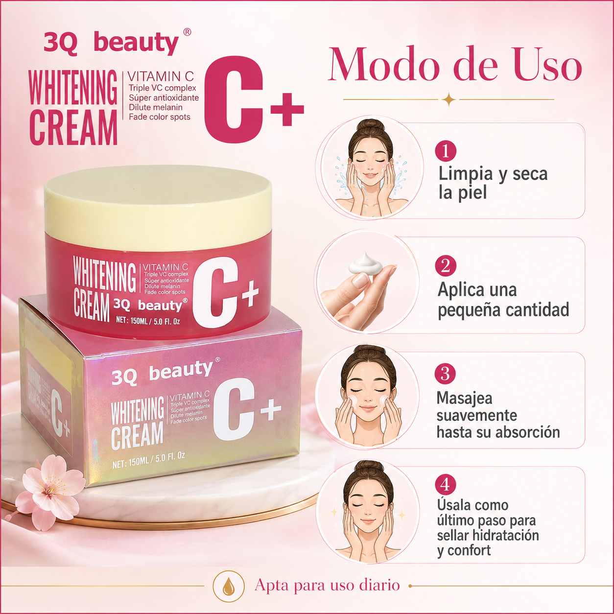 Crema Facial Antioxidante Iluminadora 3Q Beauty con Vitamina C 150 ml | Tono Uniforme, Hidratación y Glow Saludable