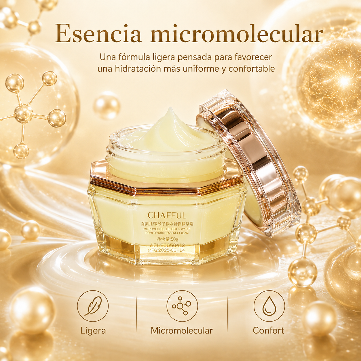 Crema Facial CHAFFUL Micromolecular Lock in Water 50g | Hidratante, Calmante y Suavizante para Piel Seca