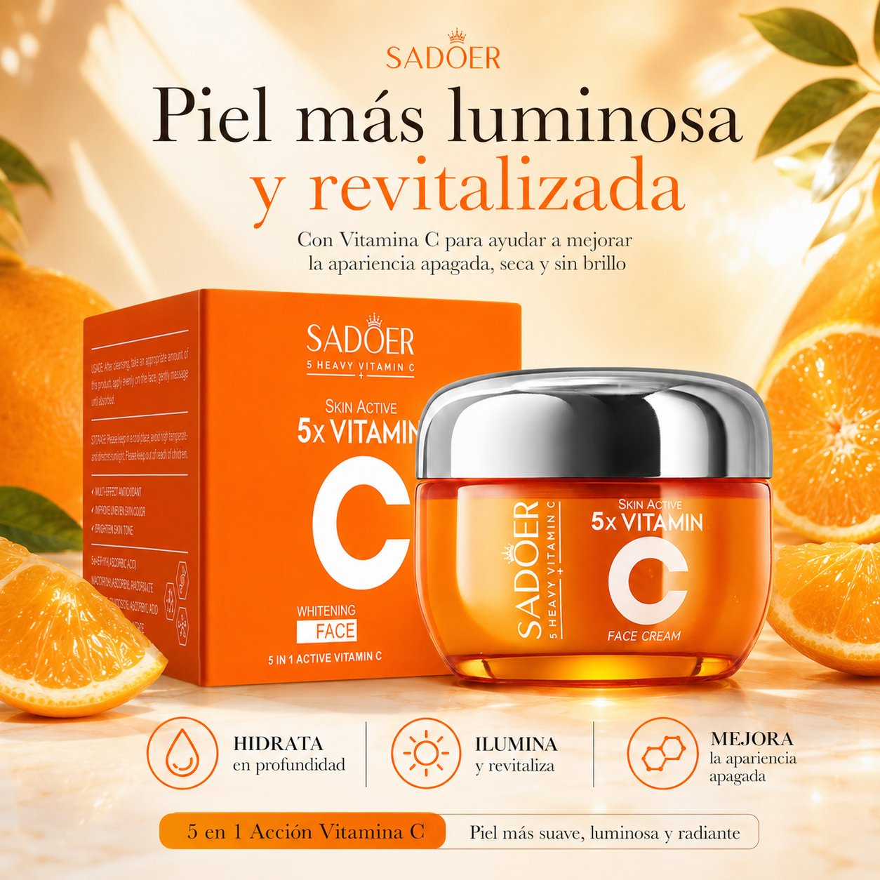 Crema Facial SADOER 5x Vitamin C 50 ml | Vitamina C + Niacinamida para Piel Luminosa e Hidratada