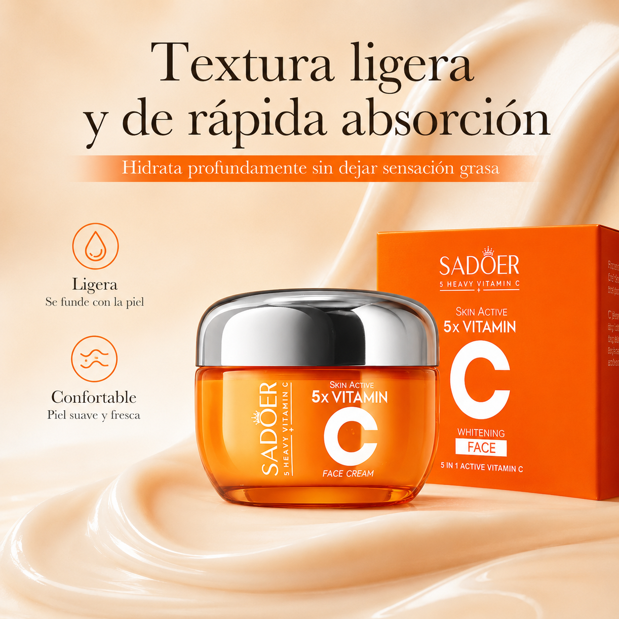 Crema Facial SADOER 5x Vitamin C 50 ml | Vitamina C + Niacinamida para Piel Luminosa e Hidratada