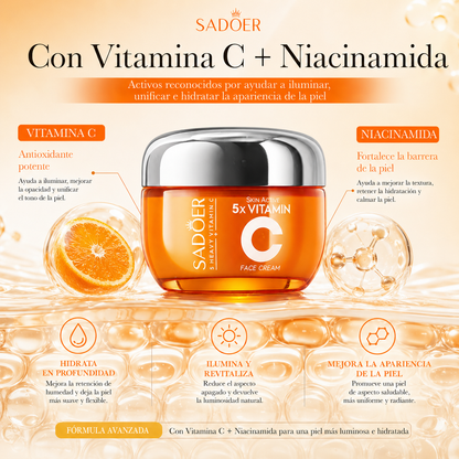Crema Facial SADOER 5x Vitamin C 50 ml | Vitamina C + Niacinamida para Piel Luminosa e Hidratada
