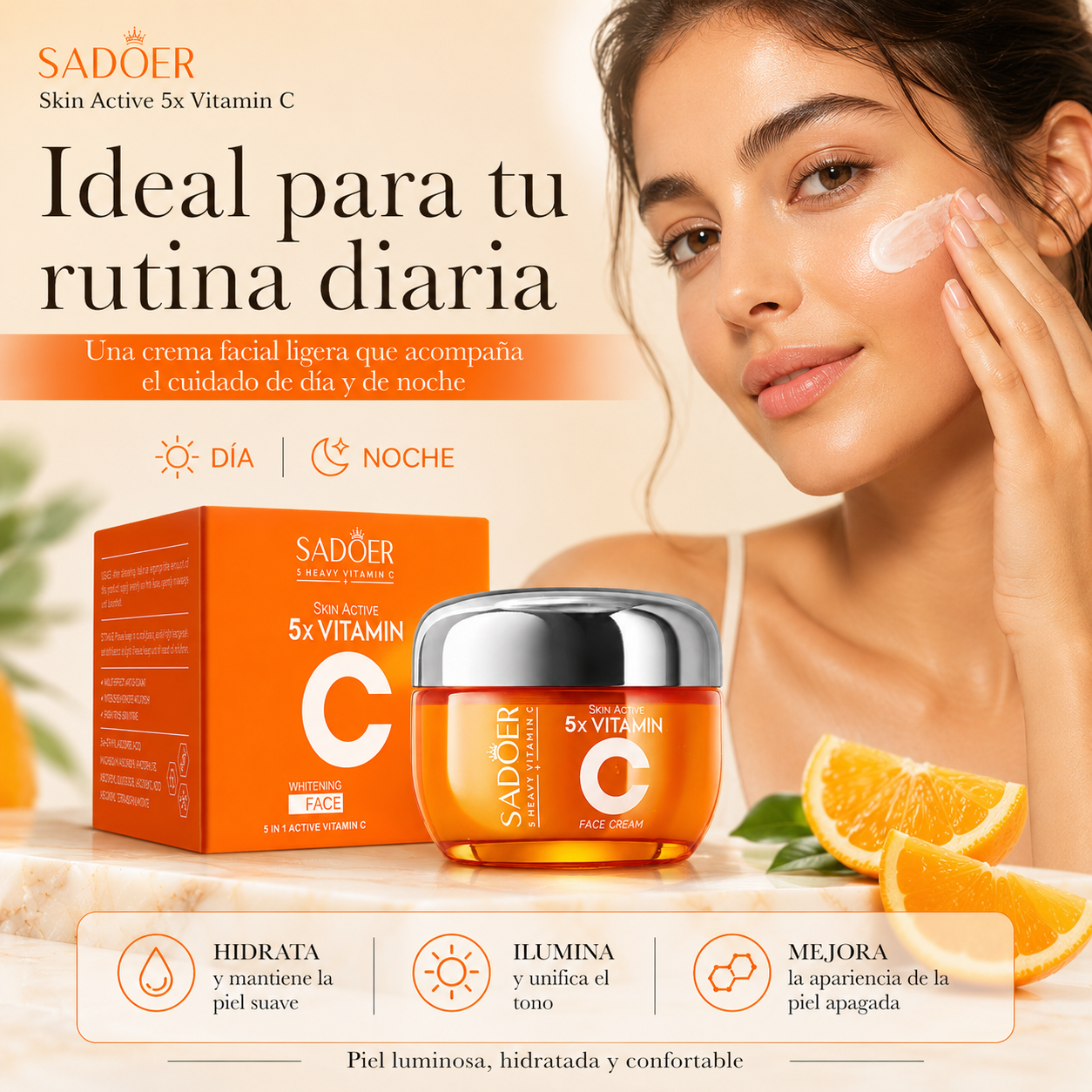 Crema Facial SADOER 5x Vitamin C 50 ml | Vitamina C + Niacinamida para Piel Luminosa e Hidratada
